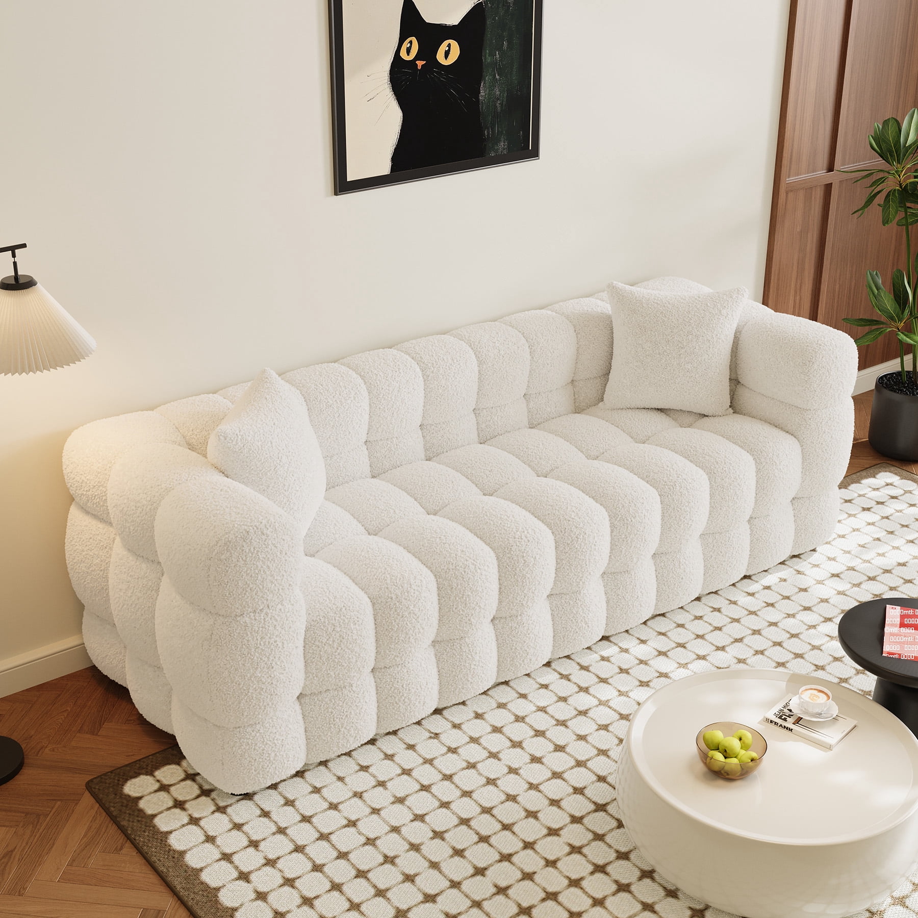 Wiilayok 80.3" Modern Tufted Upholstered 3 Seater Sofa with 2 Pillows，Comfy Sherpa Deep Seat Cloud Couch, Small Love Seat for Living Room Apartment, Beige White