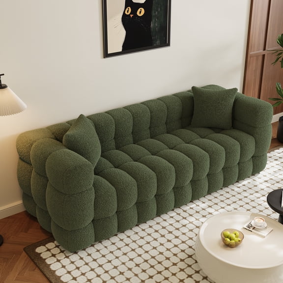 Wiilayok 80.3" Modern Tufted Upholstered Teddy 3 Seater Sofa with 2 Pillows，Comfy Sherpa Deep Seat Cloud Couch, Small Love Seat for Living Room Apartment, Olive Green