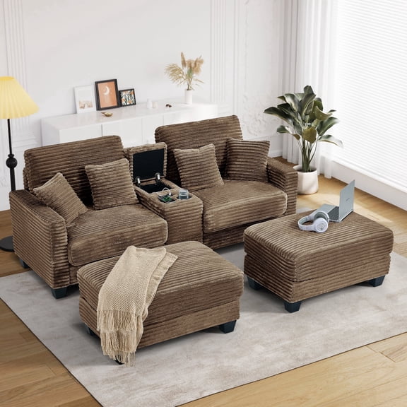 Wiilayok Convertible Modular Cloud Sofa,U Shaped Sectional Sofa Couch Set with Ottoman,Central Console,Cup Holder, Adjustable Backrest for Living Room,Brown