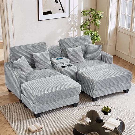 Wiilayok Convertible Modular Cloud Sofa,U Shaped Sectional Sofa Couch Set with Ottoman,Central Console,Cup Holder, Adjustable Backrest for Living Room,Gray