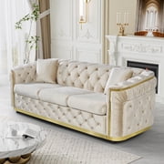 Wiilayok 84.6" Velvet Button Tufted Sofa,Mid-Century Classic Chesterfield Sofa Couch with Thick Backrest&Armrest,Gold Steel Accents,3 Seat Sofa Couches for Living Room,Beige