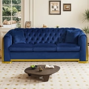 Wiilayok 84" Velvet Luxury 3 Seat Sofa, Mid-Century Classic Chesterfield Sofa Couch With Button Tufted,Golden Lines for Living Room,Blue