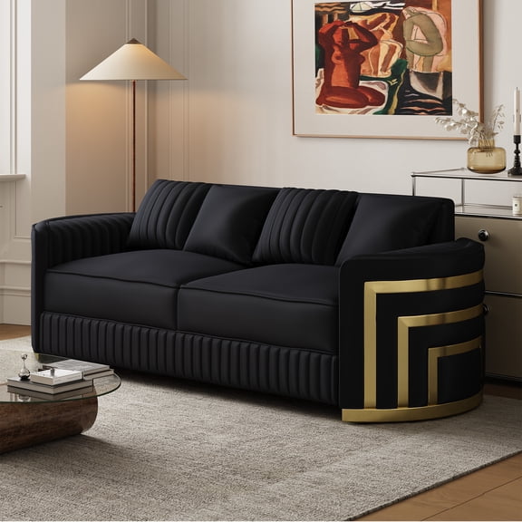 Wiilayok 85.5" Luxury Velvet Chesterfield Sofa, Mid Century Modern 3 Seat with Thick Backrest, Gold Stainless Steel Trim, Crescent Moon Armrest, Black and Gold for Living Room