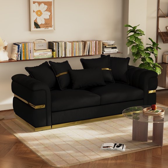 Wiilayok 85.5" Velvet Sofa with Art Deco-Inspired Gold-Tone Accents, Modern Luxury 3 Seat Deep Seat Sofa with Wide Arms for Living Room, Black