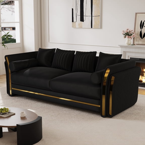 Wiilayok 86.7" Luxury Velvet Chesterfield Sofa, Mid Century Modern 3 Seat Couch with Thick Backrest, Gold Stainless Steel Trim, Black and Gold for Living Room Office