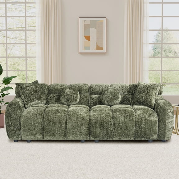 Wiilayok 87.3" Modern Tufted Upholstered Fluffy Chenille 3 Seater Sofa with 4 Pillows,Comfy Sherpa Deep Seat Cloud Couch, Small Love Seat for Living Room Apartment, Olive Green
