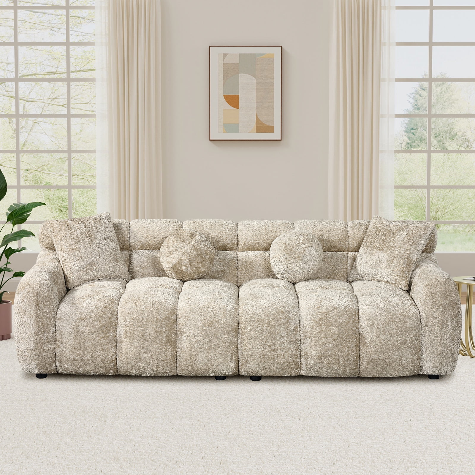 Wiilayok 87.3" Modern Tufted Upholstered Fluffy Chenille 3 Seater Sofa with 4 Pillows，Comfy Sherpa Deep Seat Cloud Couch, Small Love Seat for Living Room Apartment, Light Brown
