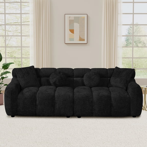 Wiilayok 87.3" Modern Tufted Upholstered Fluffy Chenille 3 Seater Sofa with 4 Pillows,Comfy Sherpa Deep Seat Cloud Couch, Small Love Seat for Living Room Apartment, Black