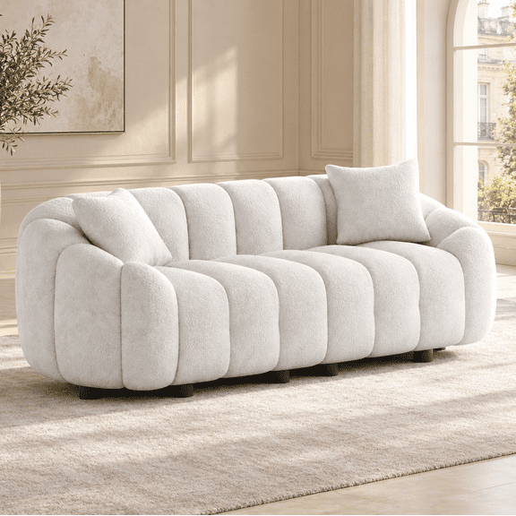 Wiilayok 91.5'' Cloud 3 Seater Couch,Chenille Curved Sofa Couch with Deep Seat,Pillow Arm,Comfy Sofa for Living Room Bedroom Office Apartment,Beige