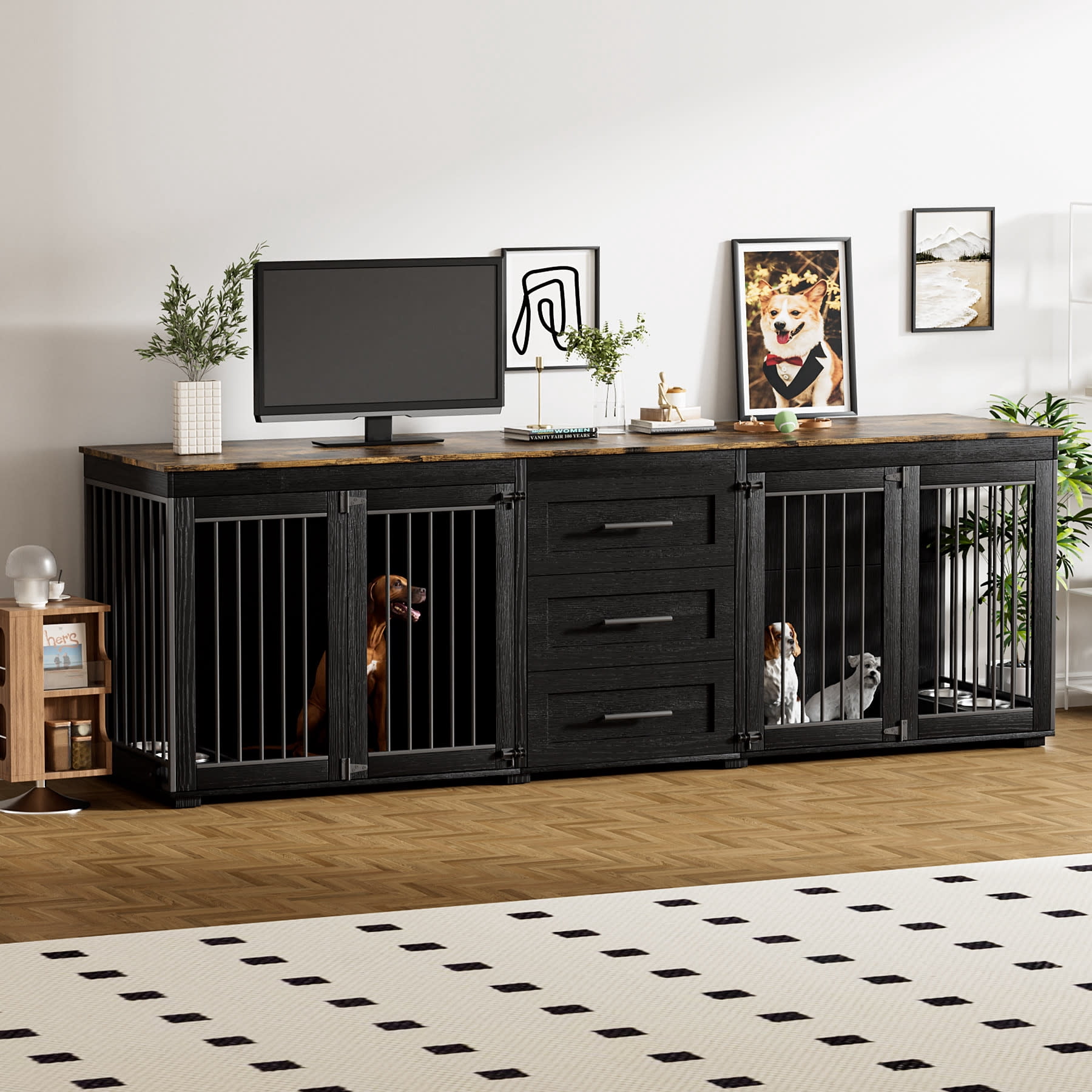 Wiilayok 94.5" Dog Crate Furniture for 2 Large Medium Dogs, Wooden Dog Kennel TV Stand with 3 Storage Drawers, 4 Bowls & Locks, Black Brown Indoor Dog House