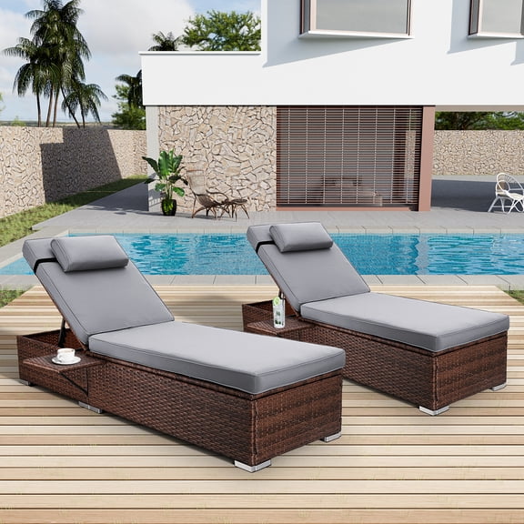 Wiilayok Outdoor Chaise Lounge Set of 2,Rattan Wicker Chaise Lounge with Adjustable Backrest, Outdoor Reclining Chairs for Garden Pool Backyard Deck,Gray