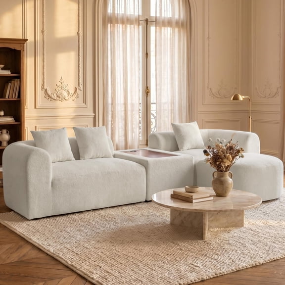 Wiilayok Oversized Chenille Modular Sofa,120" Curved Sofa L Shaped Sectional Sofa Couch with Ottoman,USB/Type-C Port,Wood Console Cloud Deep Seater Sofa for Living Room,Beige