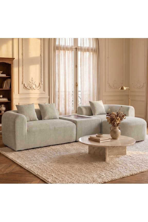 Oversized Chenille Modular Sofa,120" Curved Sofa L Shaped Sectional Sofa Couch with Ottoman,USB/Type-C Port,Wood Console Cloud Deep Seater Sofa for Living Room,Brown