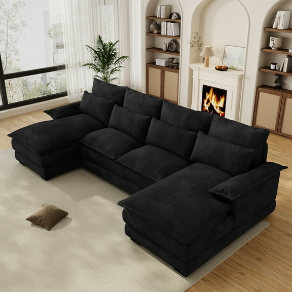 Wiilayok 110" U Shaped Cloud Couch Modular Sectional Couches for Living Room Fluffy Chenille Deep 4 Seat Sofa Set with Double Chaise & Memory Foam, Black