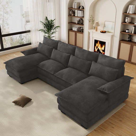 Wiilayok 110" U Shaped Cloud Couch Modular Sectional Couches for Living Room Fluffy Chenille Deep 4 Seat Sofa Set with Double Chaise & Memory Foam, Dark Gray