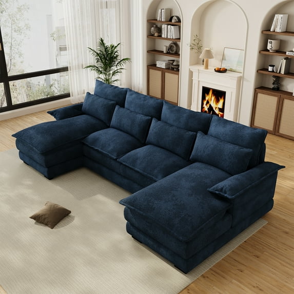 Wiilayok 110" U Shaped Cloud Couch Modular Sectional Couches for Living Room Fluffy Chenille Deep 4 Seat Sofa Set with Double Chaise & Memory Foam, Blue