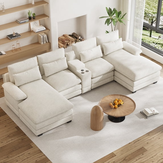 Wiilayok 133" U Shaped Cloud Couch Modular Sectional Couches for Living Room Fluffy Chenille Deep Seat Sofa Set with Double Chaise Lounge, Storage Central Console, Cup Holders, USB Port, Beige