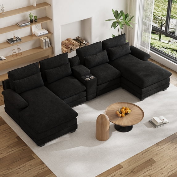 Wiilayok 133" U Shaped Cloud Couch Modular Sectional Couches for Living Room Fluffy Chenille Deep Seat Sofa with Double Chaise Lounge, Storage Central Console, Cup Holders, USB Port, Midnight Black