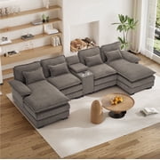 Wiilayok 133" U Shaped Cloud Couch Modular Sectional Couches for Living Room Fluffy Chenille Deep Seat Sofa Set with Double Chaise Lounge, Storage Central Console, Cup Holders, USB Port, Stone Gray