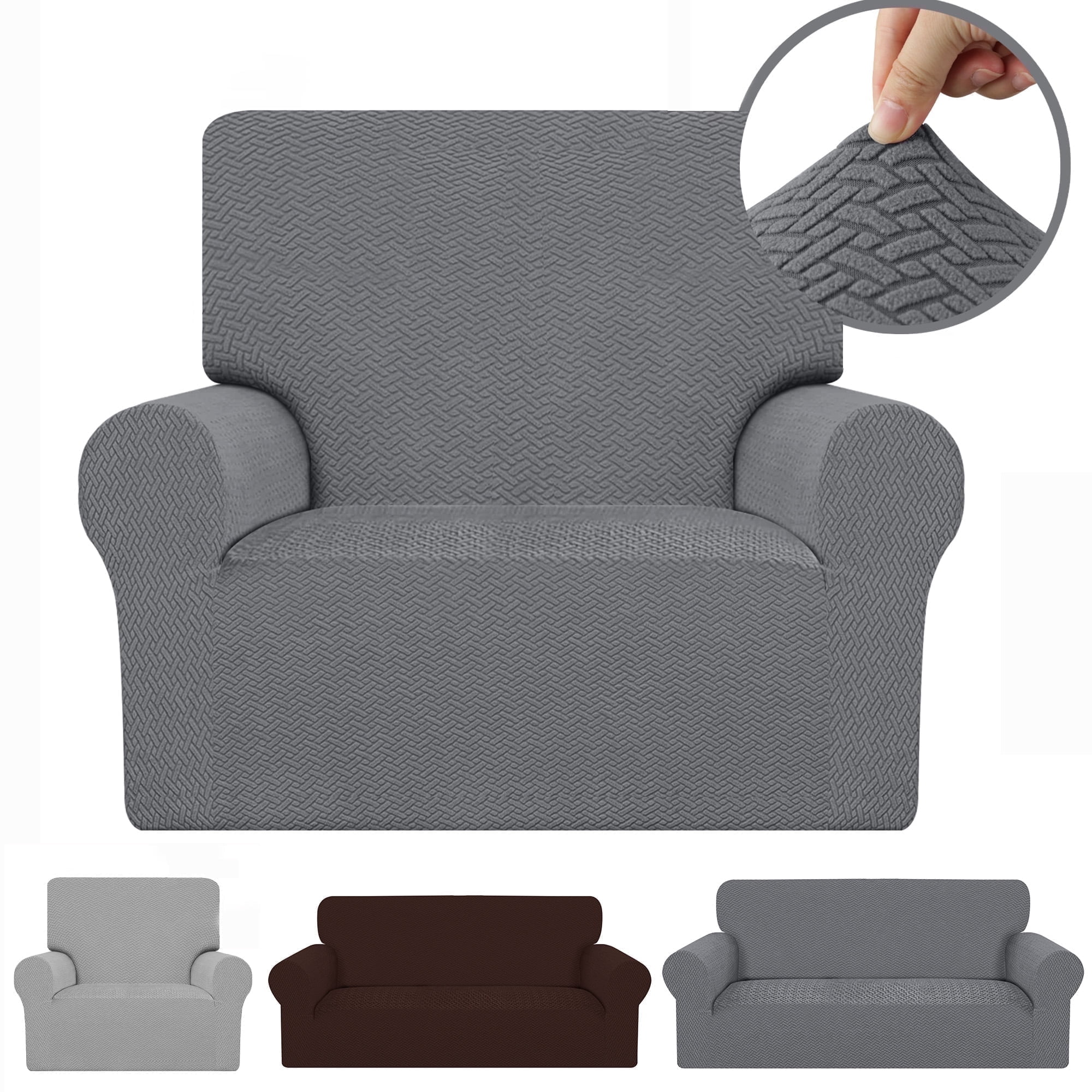 Stretch Single Sofa Slipcover 1 Piece Couch Sofa Cover (35.4"-55") Furniture Protector 1 Seater Sofa with Elastic Bottom for Kids,Pet Dog, Jacquard Pattern, Dark Gray