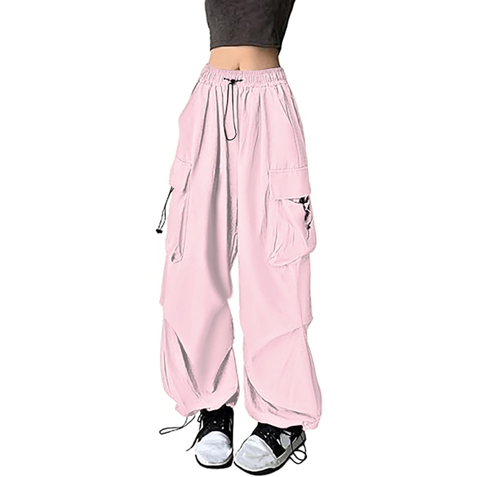 Women's Cargo Pants - Hip Pop Style Black Work Pants With Drawstring Waist