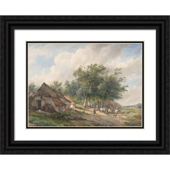 Wijnand Nuijen 14x11 Black Ornate Wood Framed Double Matted Museum Art Print Titled: Landscape with Farms and Cattle (1823 - 1839)