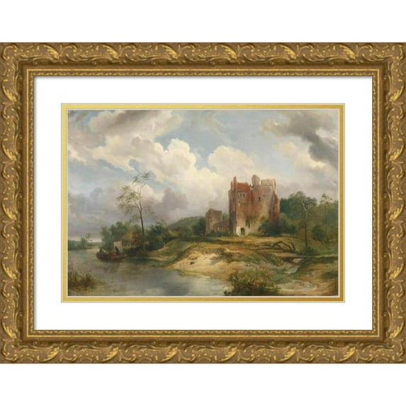 Wijnand Nuijen 14x11 Gold Ornate Wood Frame and Double Matted Museum Art Print Titled - River Landscape with Ruin (1835)