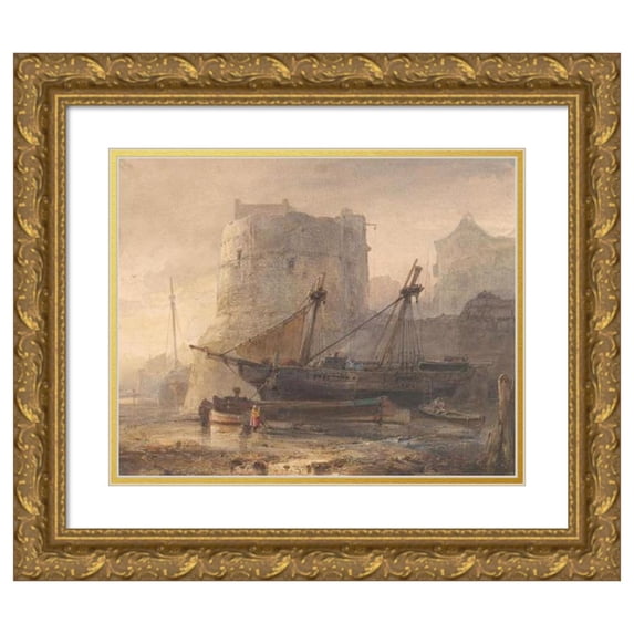 Wijnand Nuijen 14x12 Gold Ornate Wood Frame and Double Matted Museum Art Print Titled - Ships at Low Tide in a French Harbor (1836)
