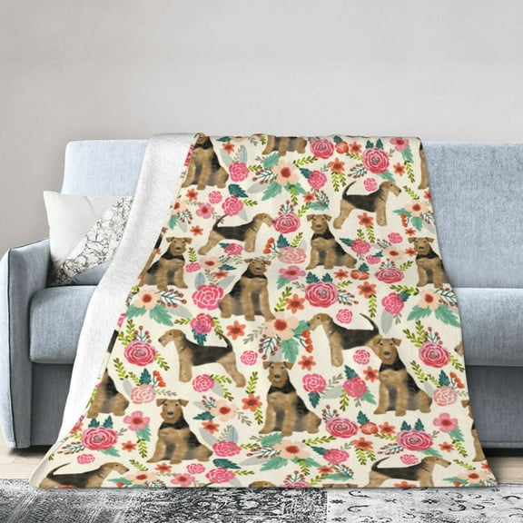 Wijzvio Airedale Terrier Dog Floral Flower Throw Blanket Soft Fuzzy Fleece Blanket For Couch Bed Living Room Decoration 40"X30"