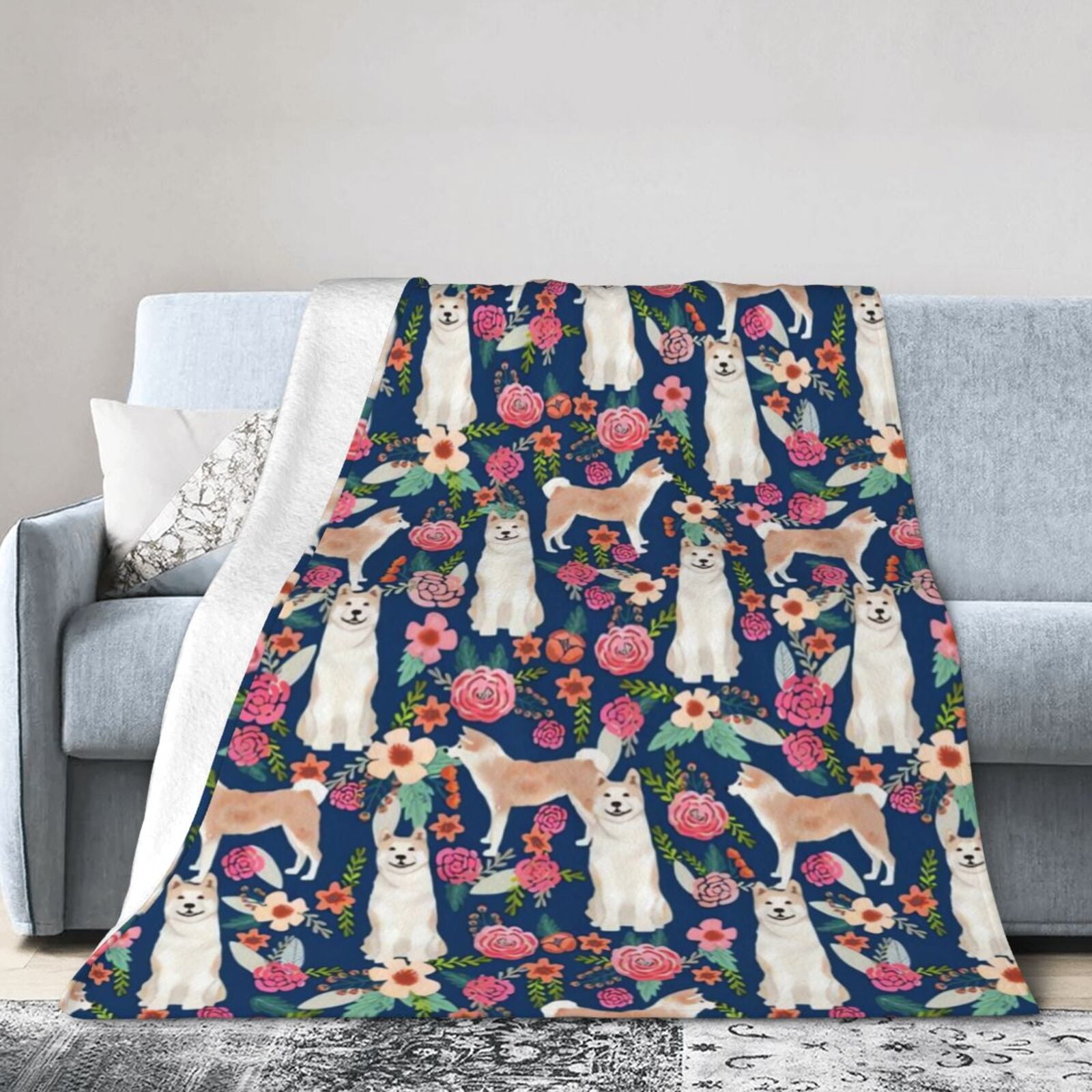 Wijzvio Akita Dogs Lovers Flower Floral Throw Blanket Soft Fuzzy Fleece Blanket For Couch Bed Living Room Decoration 50"X40"
