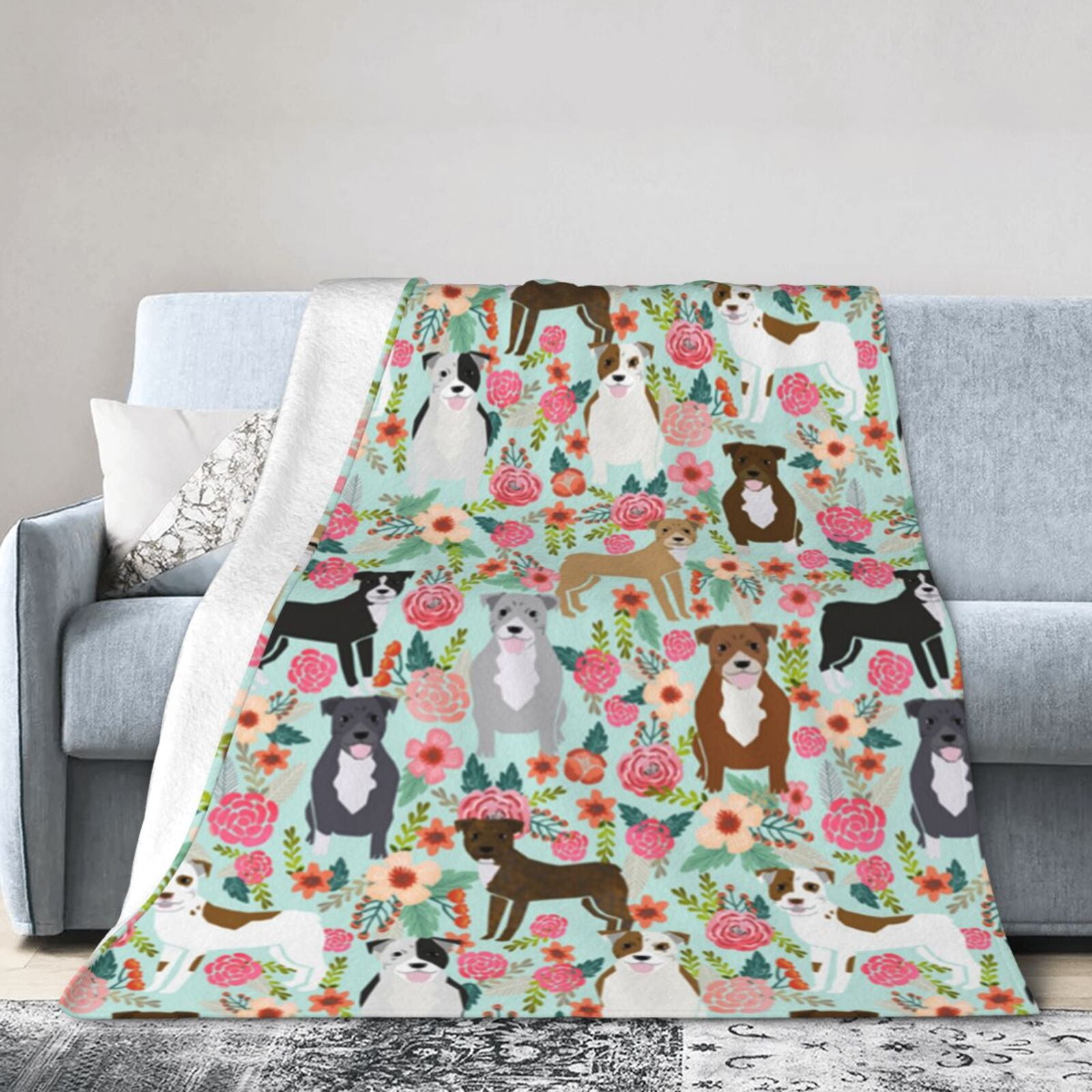 Wijzvio American Pit Bull Terrier Dogs Flower Floral Throw Blanket Soft Fuzzy Fleece Blanket For Couch Bed Living Room Decoration 60"X50"