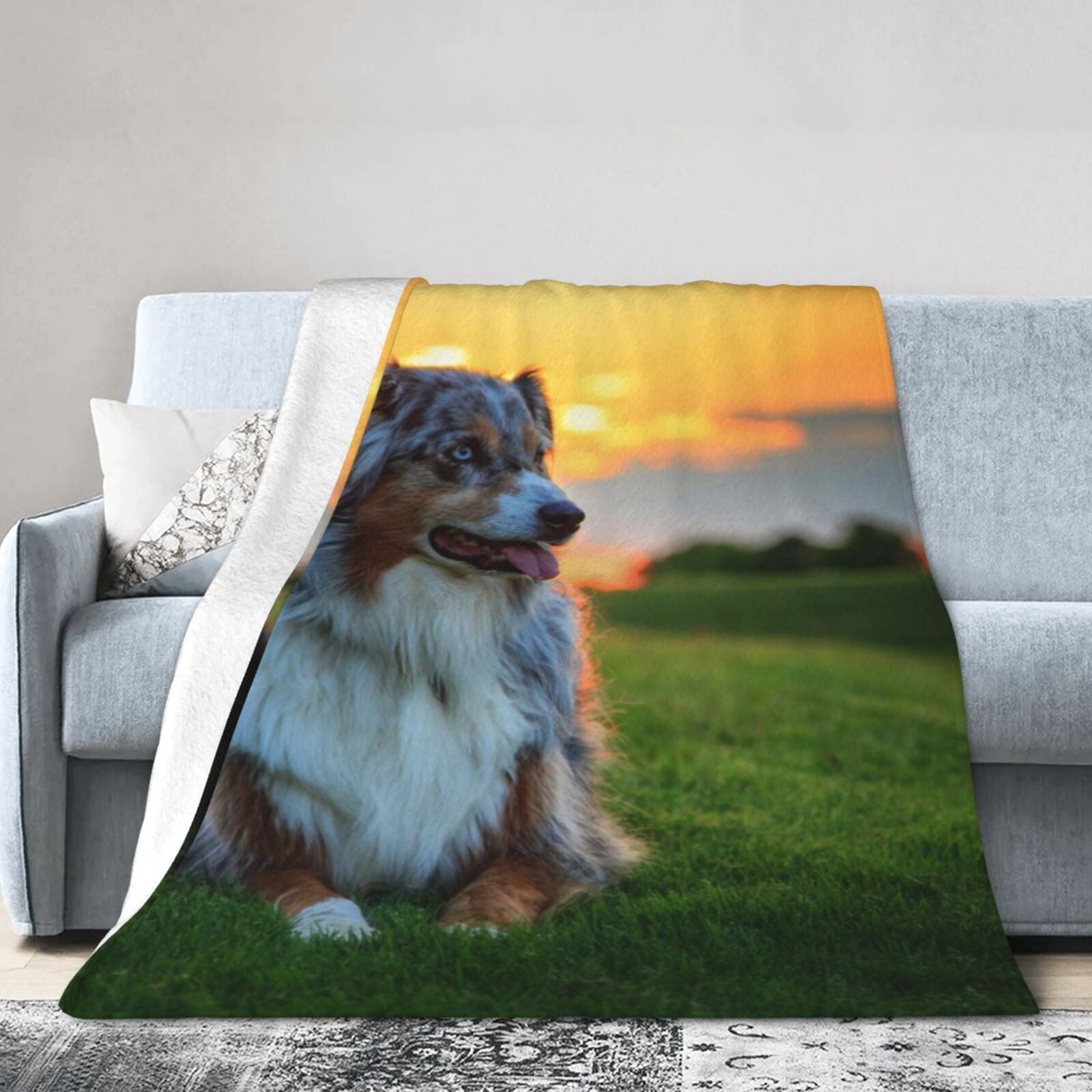 Wijzvio Australian Shepherd Dog Throw Blanket Soft Fuzzy Fleece Blanket For Couch Bed Living Room Decoration 60"X50"