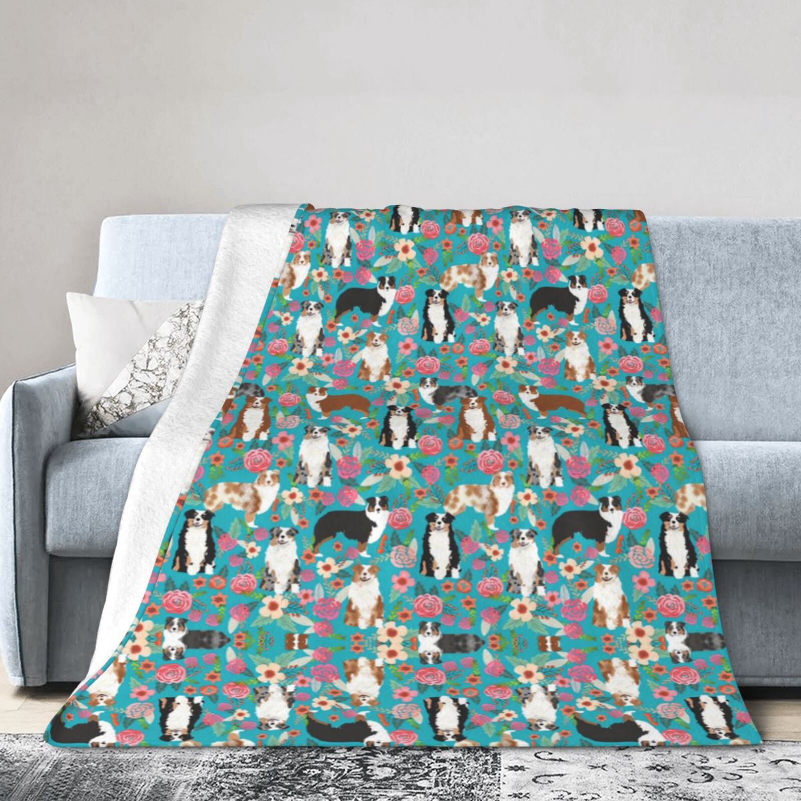 Wijzvio Australian Shepherd Dogs Floral Throw Blanket Soft Fuzzy Fleece Blanket For Couch Bed Living Room Decoration 50"X40"