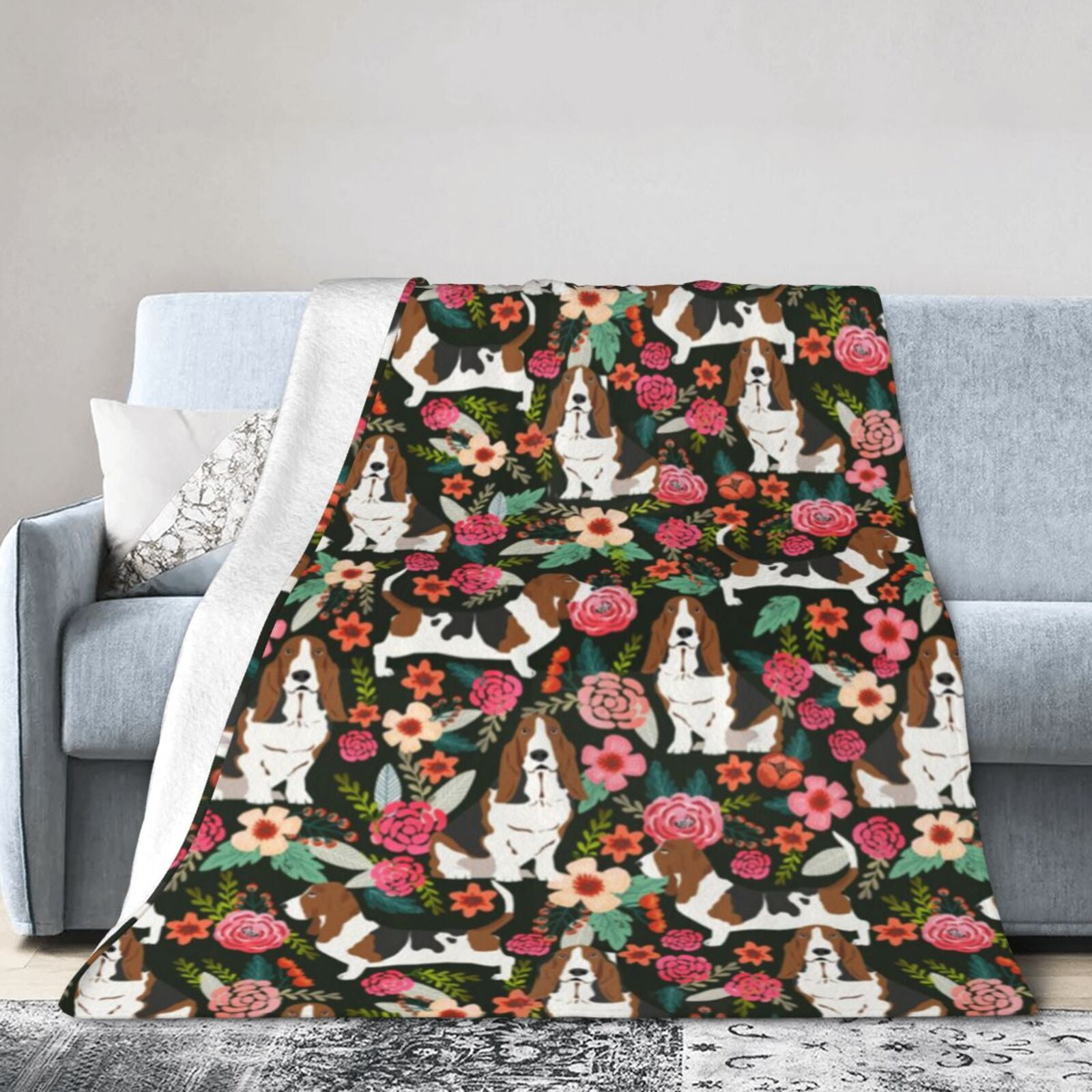 Wijzvio Basset Hound Dogs Lovers Flower Floral Throw Blanket Soft Fuzzy Fleece Blanket For Couch Bed Living Room Decoration 60"X50"