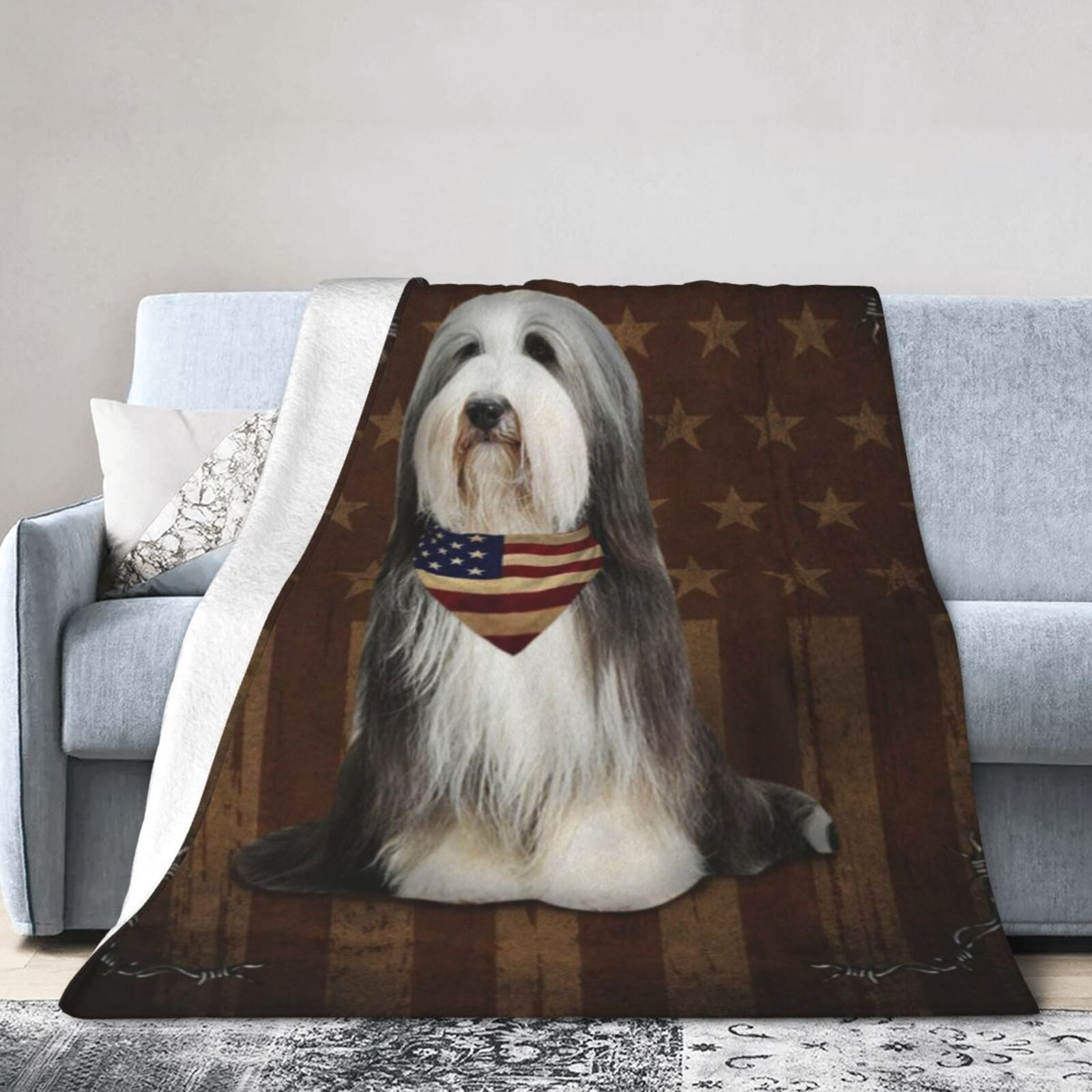 Wijzvio Bearded Collie Dog With Vintage American Flag Throw Blanket Soft Fuzzy Fleece Blanket For Couch Bed Living Room Decoration 60"X50"
