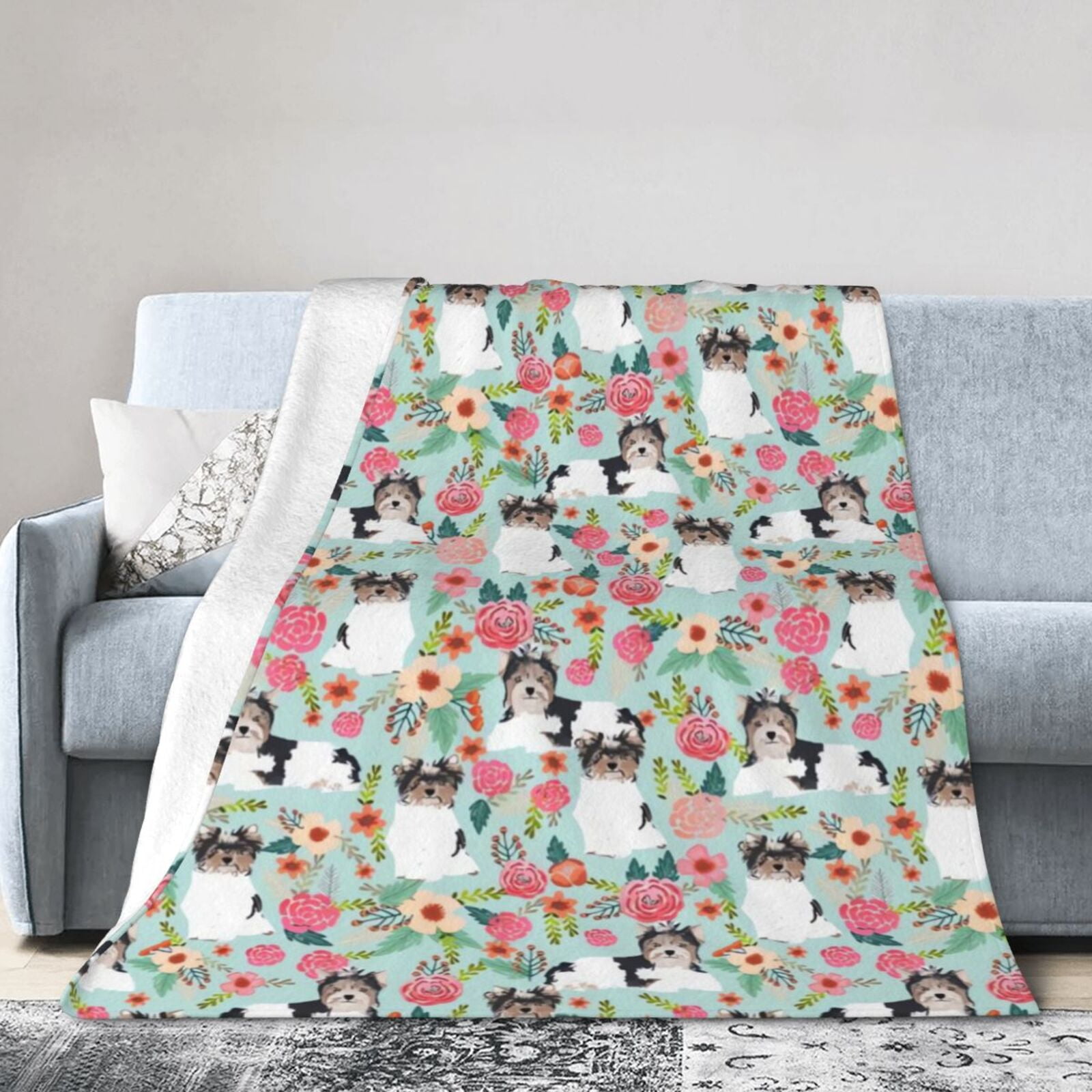 Wijzvio Biewer Terrier Dogs Flower Floral Throw Blanket Soft Fuzzy Fleece Blanket For Couch Bed Living Room Decoration 50"X40"