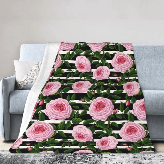 Wijzvio Black And White Striped Flower Throw Blanket Soft Fuzzy Fleece Blanket For Couch Bed Living Room Decoration 40"X30"