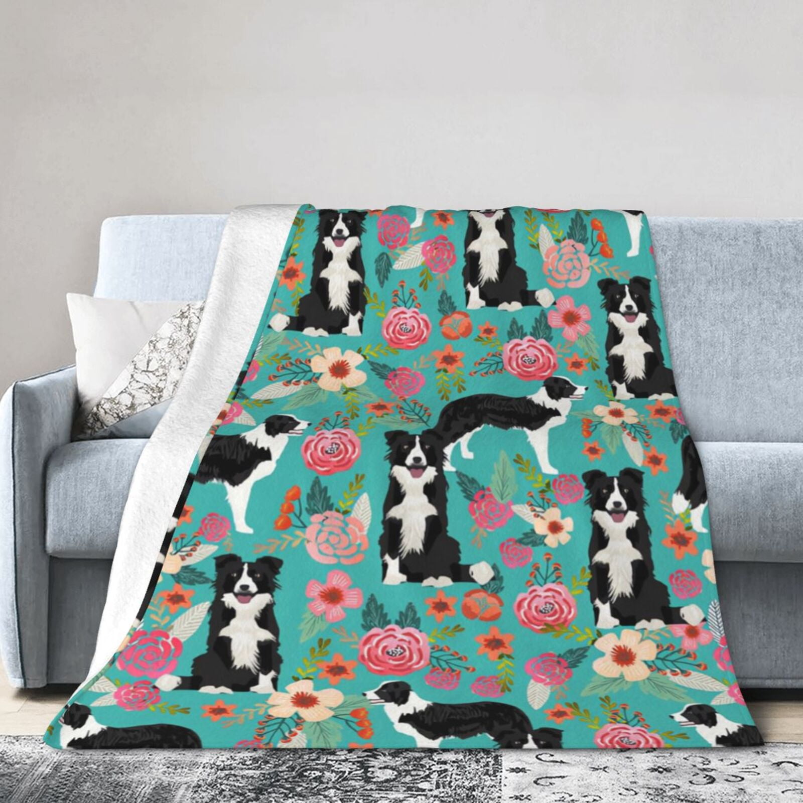 Wijzvio Border Collie Dogs Flower Floral Throw Blanket Soft Fuzzy Fleece Blanket For Couch Bed Living Room Decoration 60"X50"