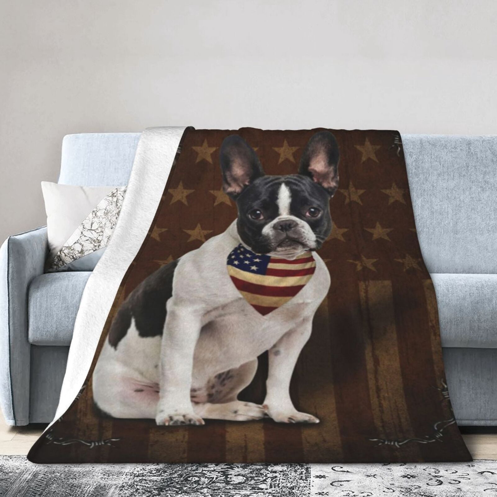 Wijzvio Boston Terrier Bulldog Dog With Vintage American Flag Throw Blanket Soft Fuzzy Fleece Blanket For Couch Bed Living Room Decoration 50"X40"