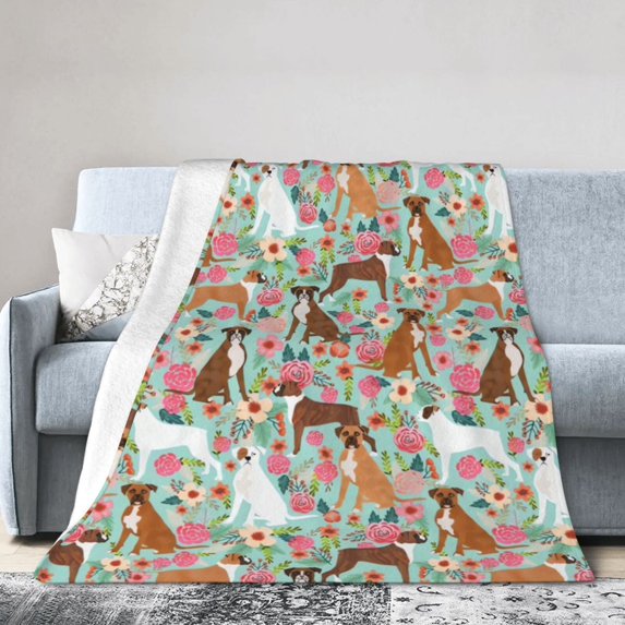 Wijzvio Boxer Dogs Lovers Flower Floral Throw Blanket Soft Fuzzy Fleece Blanket For Couch Bed Living Room Decoration 40"X30"
