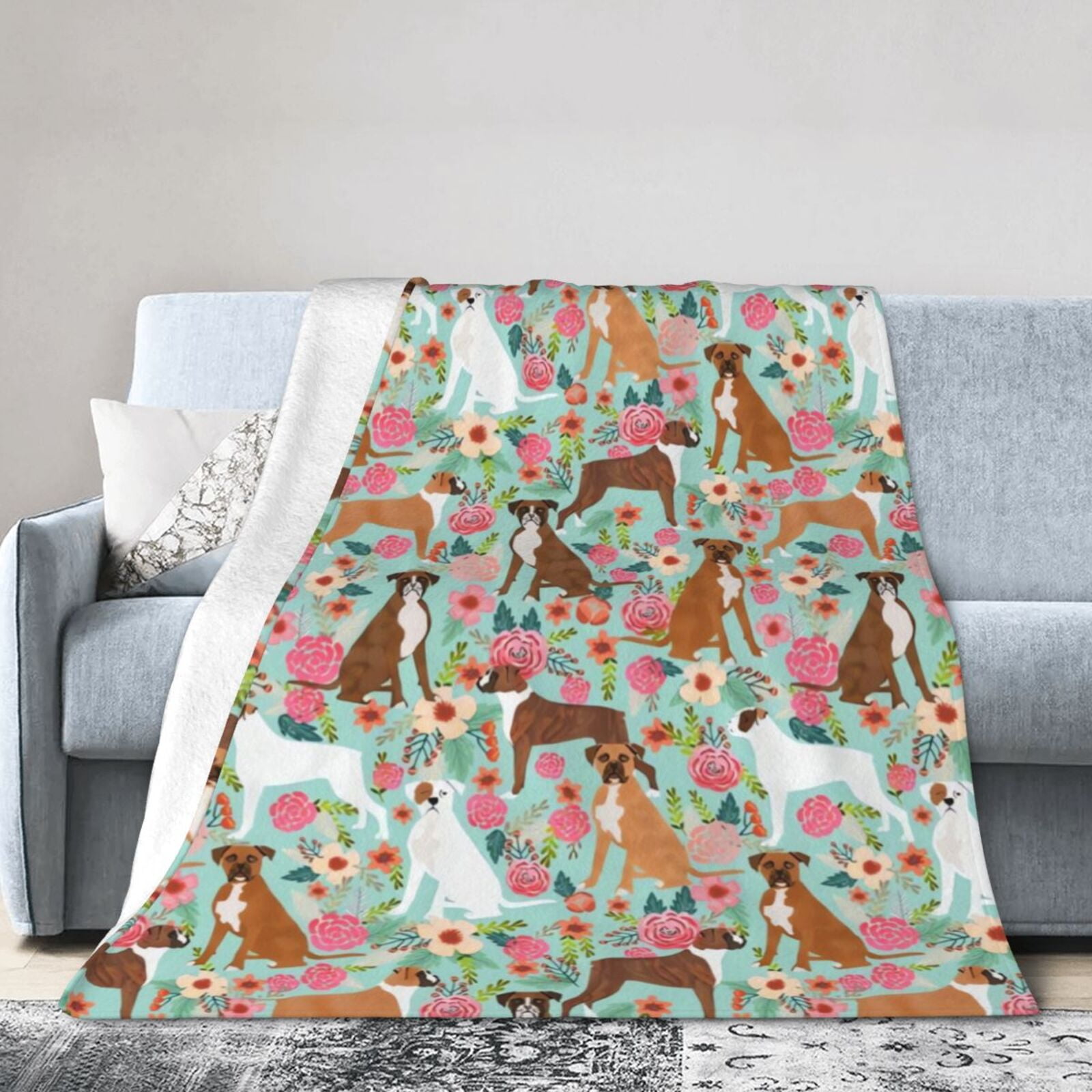Wijzvio Boxer Dogs Lovers Flower Floral Throw Blanket Soft Fuzzy Fleece Blanket For Couch Bed Living Room Decoration 50"X40"