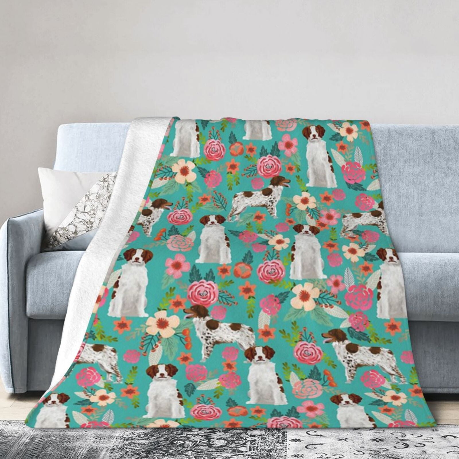 Wijzvio Brittany Spaniel Dogs Flower Floral Throw Blanket Soft Fuzzy Fleece Blanket For Couch Bed Living Room Decoration 60"X50"