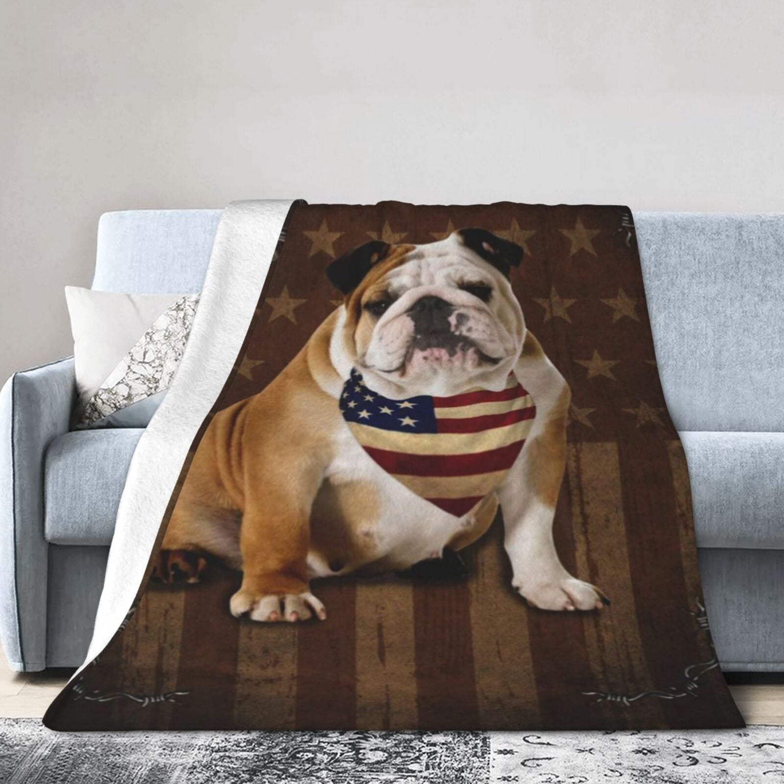 Wijzvio Bulldog Dog With Vintage American Flag Throw Blanket Soft Fuzzy Fleece Blanket For Couch Bed Living Room Decoration 60"X50"