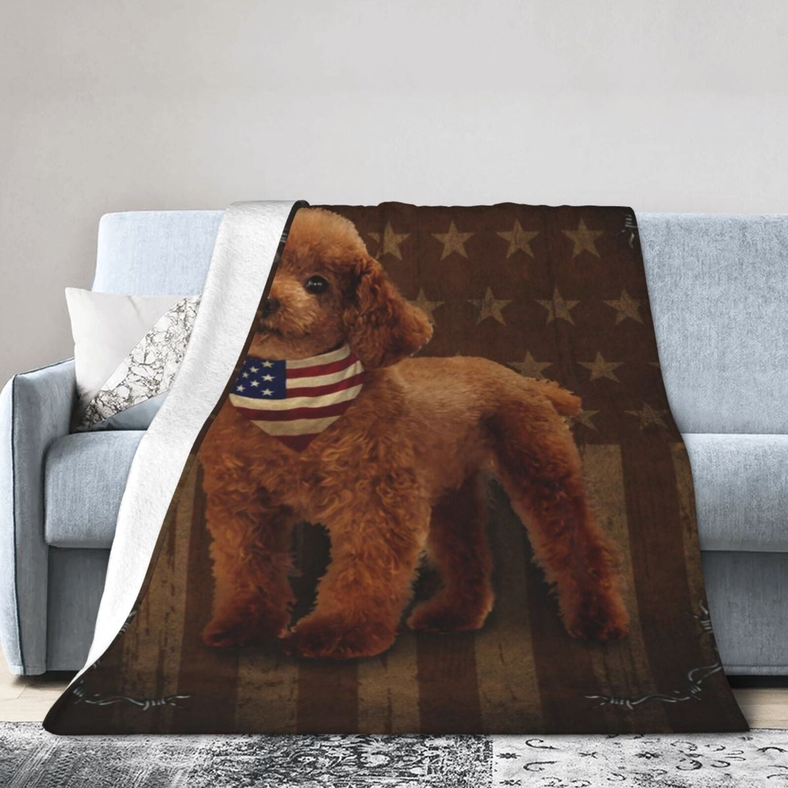 Wijzvio Cockapoo Dog With Vintage American Flag Throw Blanket Soft Fuzzy Fleece Blanket For Couch Bed Living Room Decoration 60"X50"