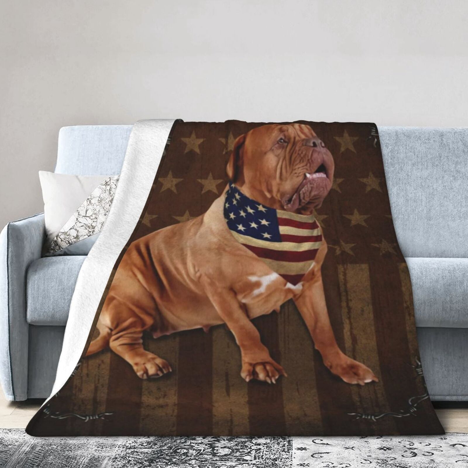 Wijzvio Dogue De Bordeaux Dog With Vintage American Flag Throw Blanket Soft Fuzzy Fleece Blanket For Couch Bed Living Room Decoration 50"X40"