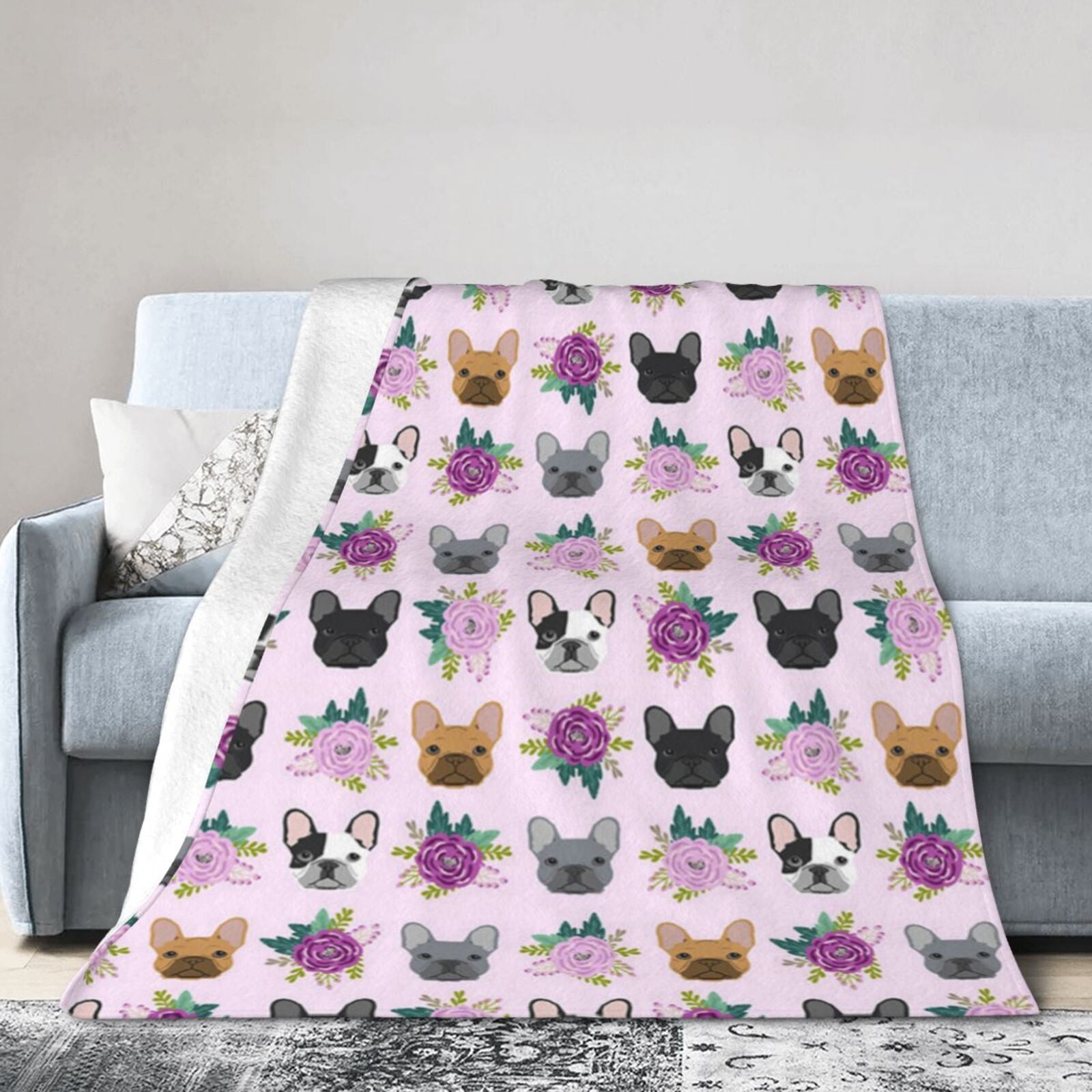 Wijzvio French Bulldog Dog Floral Flower Throw Blanket Soft Fuzzy Fleece Blanket For Couch Bed Living Room Decoration 60"X50"