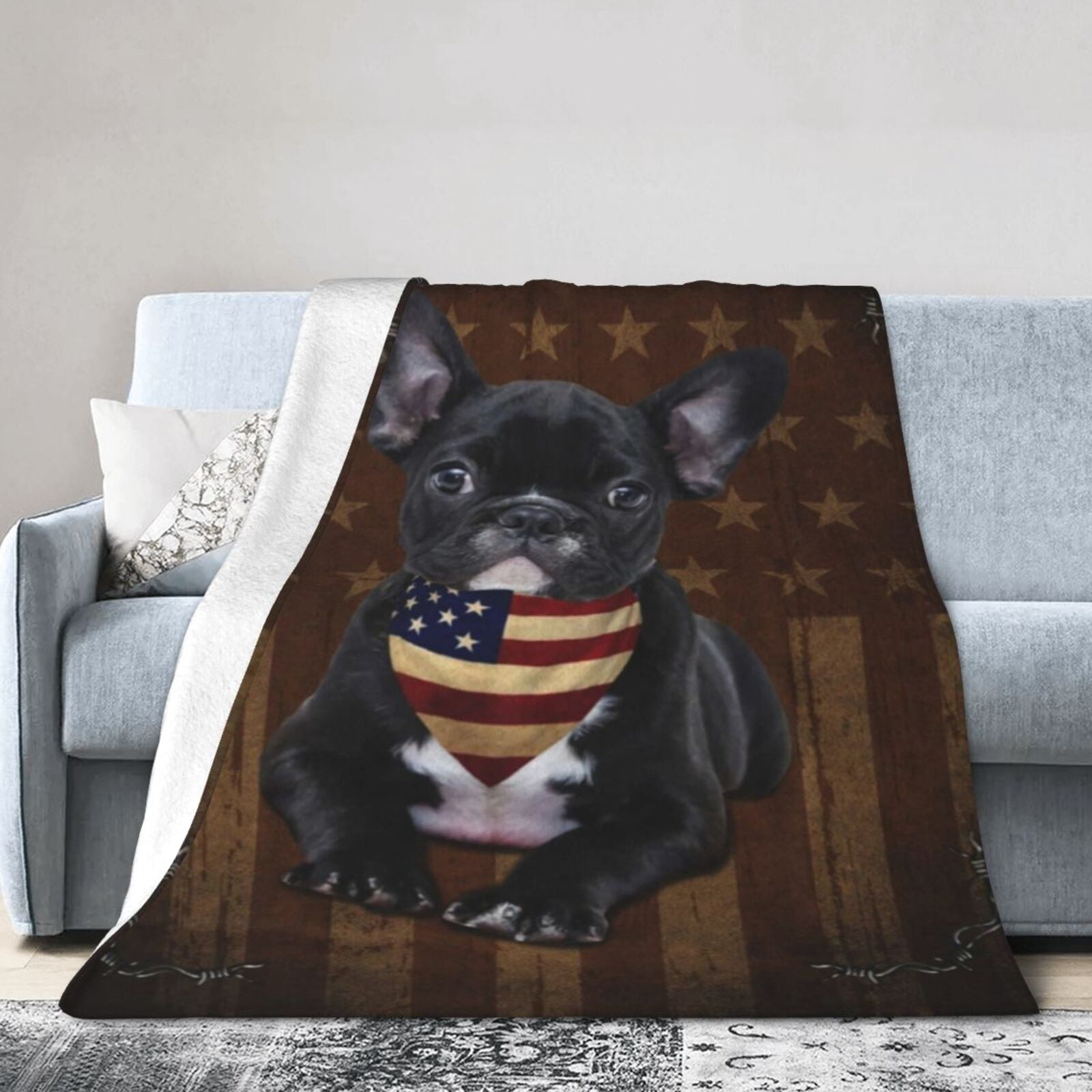 Wijzvio French Bulldog Dog With Vintage American Flag Throw Blanket Soft Fuzzy Fleece Blanket For Couch Bed Living Room Decoration 50"X40"