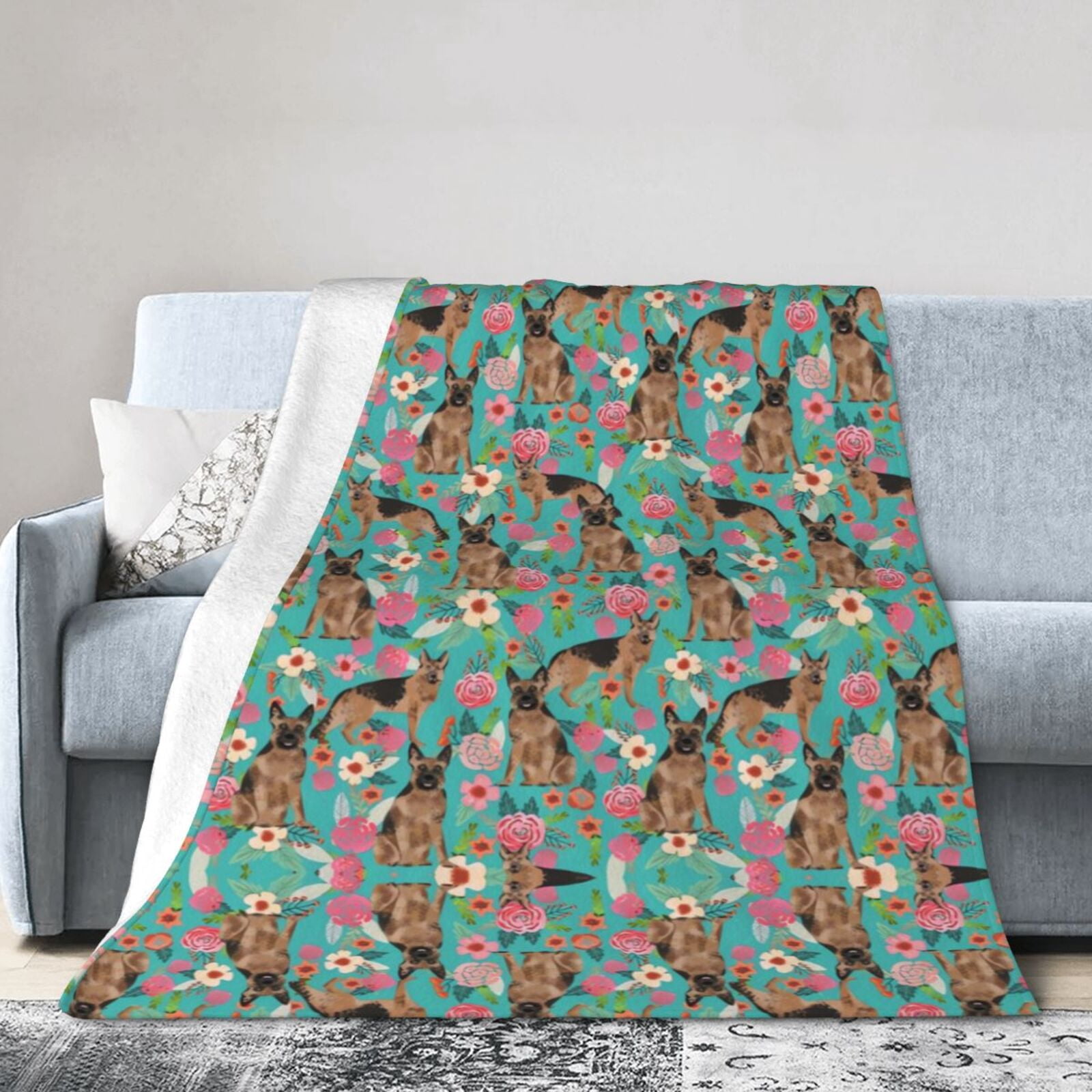 Wijzvio German Shepherd Dogs Lovers Flower Floral Throw Blanket Soft Fuzzy Fleece Blanket For Couch Bed Living Room Decoration 50"X40"
