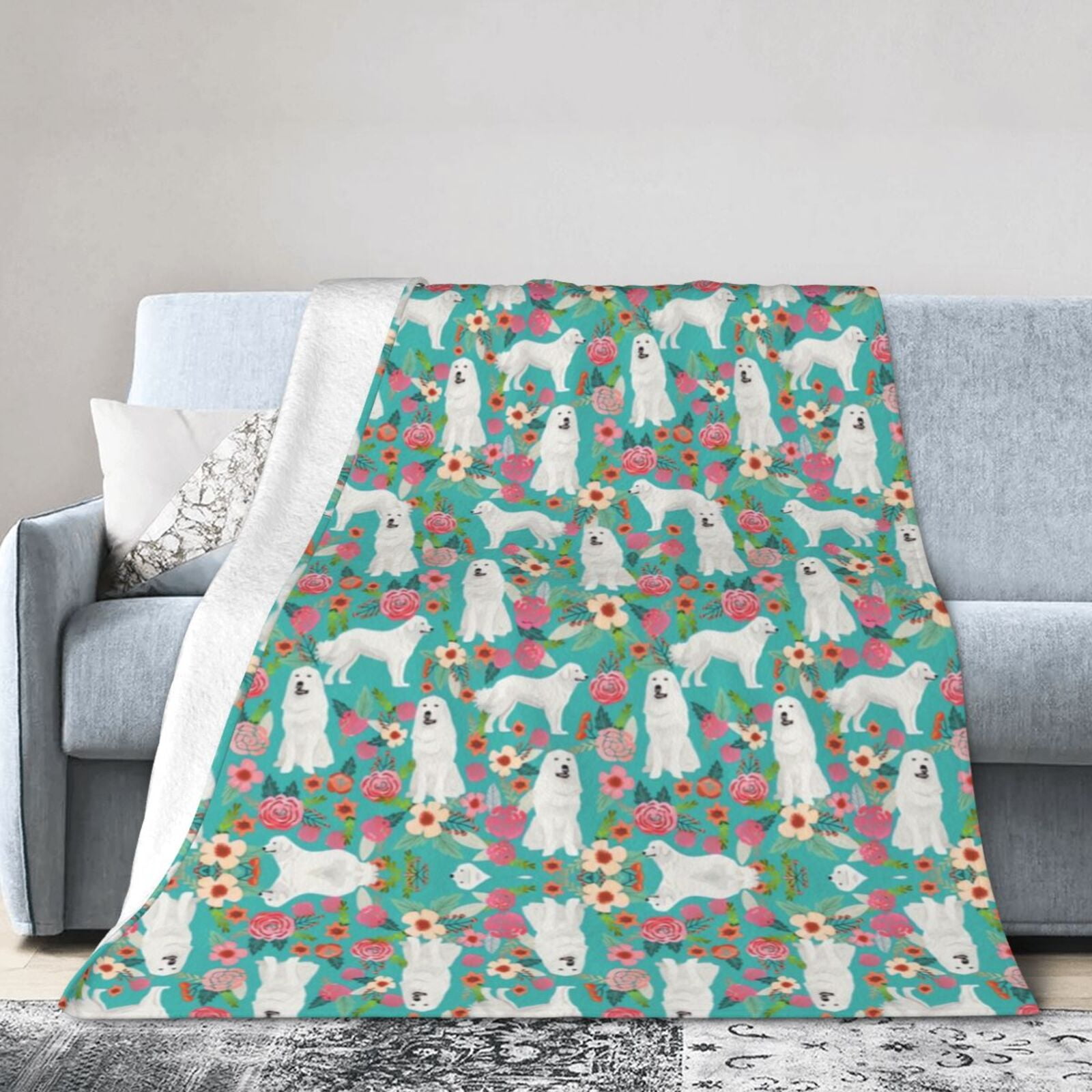 Wijzvio Great Pyrenees Dogs Flower Floral Throw Blanket Soft Fuzzy Fleece Blanket For Couch Bed Living Room Decoration 60"X50"