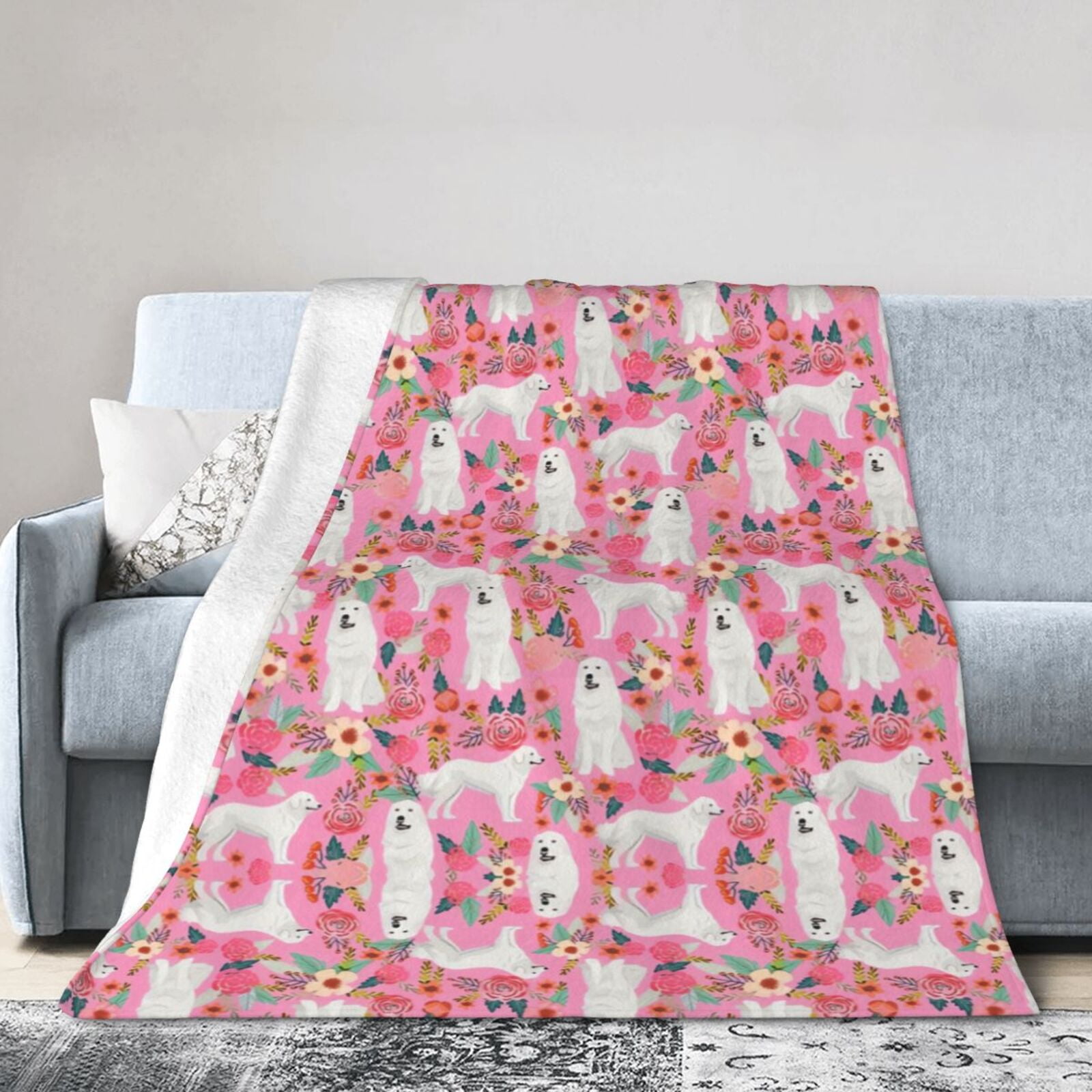 Wijzvio Great Pyrenees Dogs Pink Rose Flower Floral Throw Blanket Soft Fuzzy Fleece Blanket For Couch Bed Living Room Decoration 60"X50"